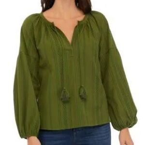 NWT Crown & Ivy olive green peasant top with v neck and tassles size 1X